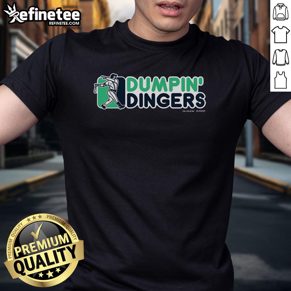 Alt Text: Cal Raleigh MLBPA T-Shirt featuring 'Nice Dumpin' Dingers' slogan, perfect for baseball fans and collectors.