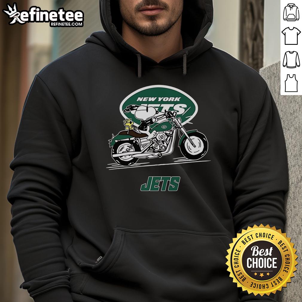 Snoopy and Woodstock driving a motorbike in a New York Jets hoodie, showcasing fun cartoon character apparel.