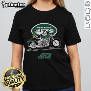Snoopy and Woodstock riding a motorbike on a New York Jets ladies tee, perfect for fans of Peanuts and NFL.
