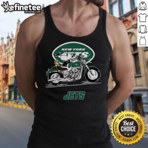 Snoopy and Woodstock riding a motorbike in a New York Jets tank top, showcasing a fun and playful vibe.