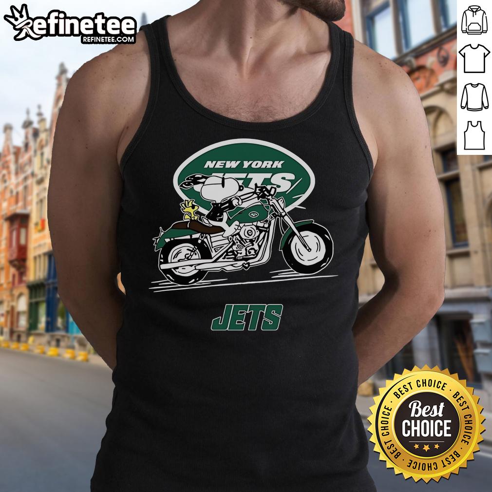 Snoopy and Woodstock riding a motorbike in a New York Jets tank top, showcasing a fun and playful vibe.