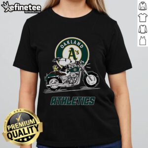 Cute Snoopy and Woodstock riding a motorbike on an Oakland Athletics ladies tee.