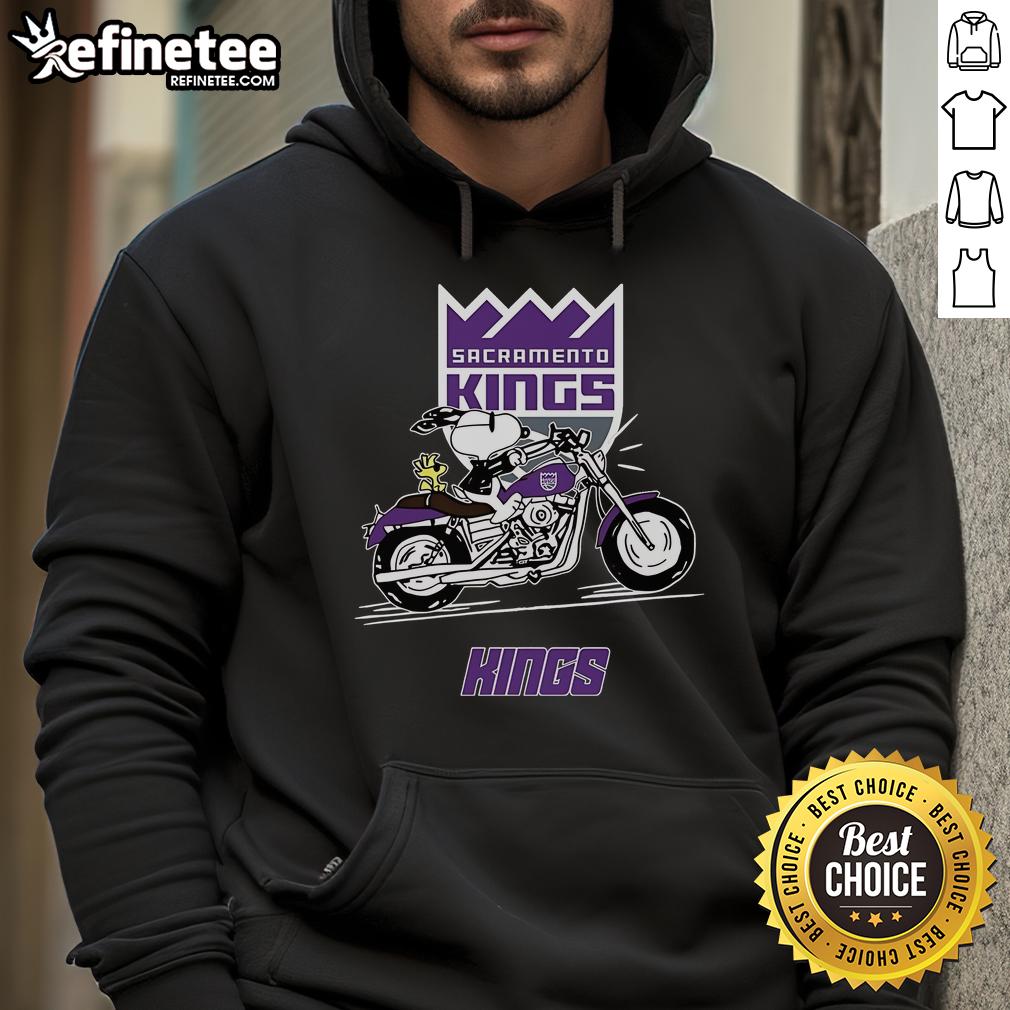 Alt Text: Snoopy and Woodstock on a motorbike wearing a Sacramento Kings hoodie, showcasing playful cartoon style.