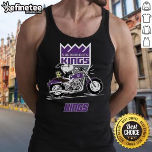 Snoopy and Woodstock joyfully riding a motorbike in a Sacramento Kings tank top, perfect for fans and summer fun.