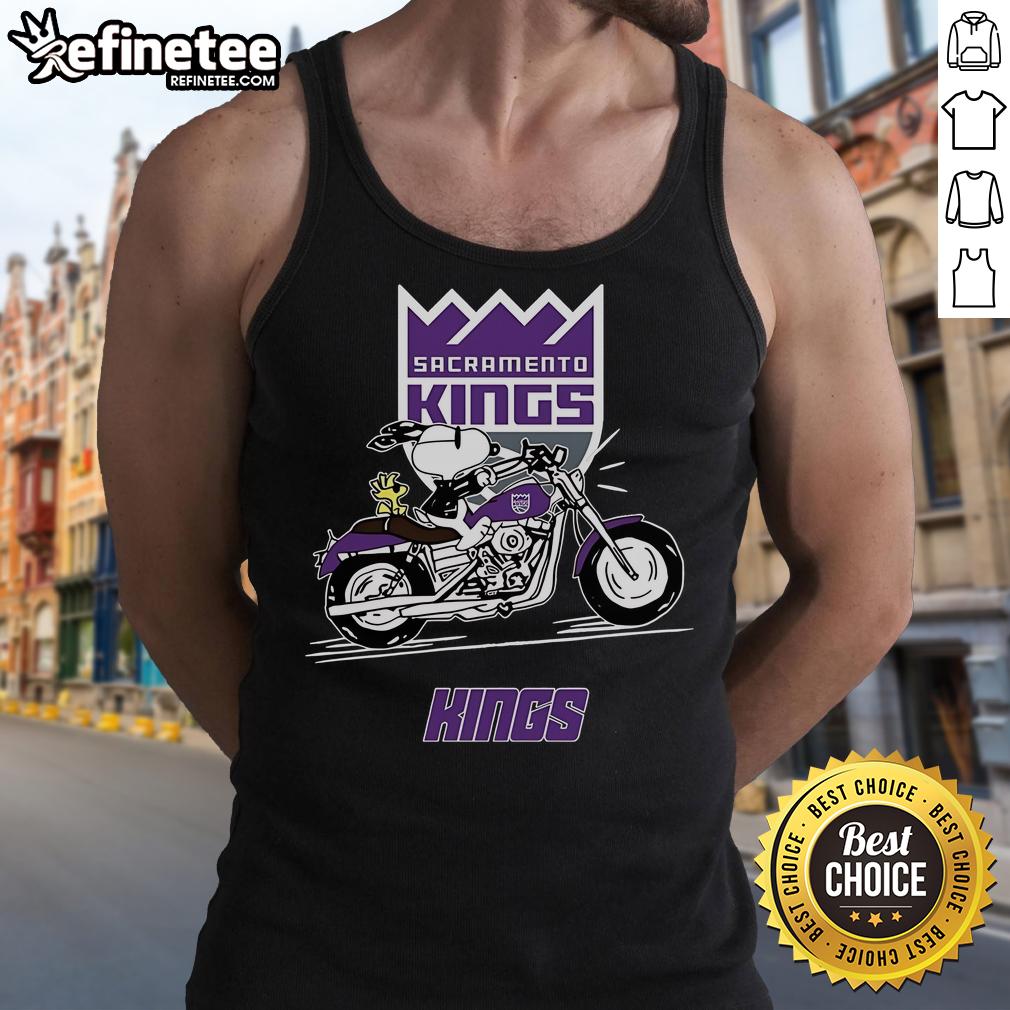 Snoopy and Woodstock joyfully riding a motorbike in a Sacramento Kings tank top, perfect for fans and summer fun.