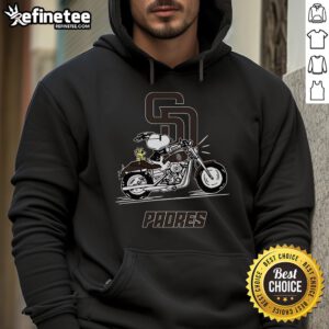 Snoopy and Woodstock driving a motorbike in a San Diego Padres hoodie, showcasing a fun and playful design.