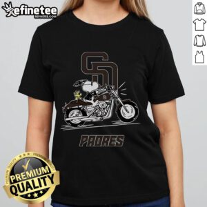 Nice Snoopy and Woodstock driving a motorbike on a San Diego Padres ladies tee, perfect for fans and casual wear.