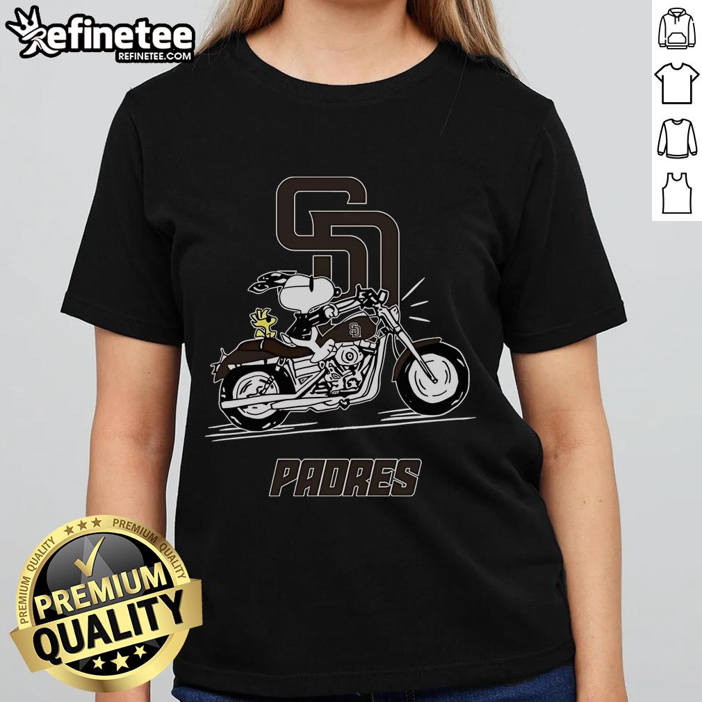 Nice Snoopy and Woodstock driving a motorbike on a San Diego Padres ladies tee, perfect for fans and casual wear.