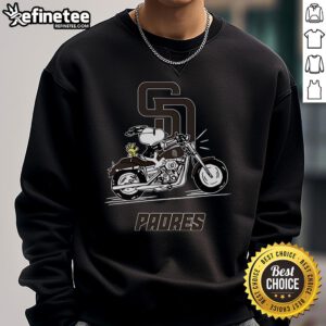 Snoopy and Woodstock driving a motorbike on a San Diego Padres sweatshirt, showcasing fun cartoon style.
