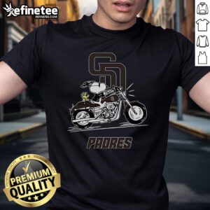 Alt Text: Snoopy and Woodstock riding a motorbike on a San Diego Padres T-shirt, showcasing a fun and vibrant design.