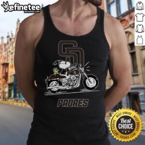 Snoopy and Woodstock riding a motorbike in a San Diego Padres tank top, showcasing playful friendship and team spirit.