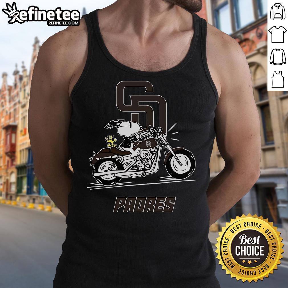 Snoopy and Woodstock riding a motorbike in a San Diego Padres tank top, showcasing playful friendship and team spirit.