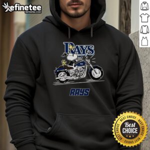 Nice Snoopy and Woodstock driving a motorbike on a Tampa Bay Rays hoodie, showcasing a fun and vibrant design.