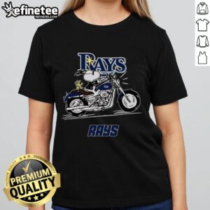 Alt Text: Nice Snoopy and Woodstock driving a motorbike on Tampa Bay Rays ladies tee, perfect for baseball fans.
