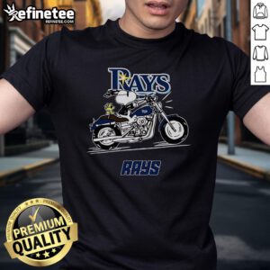 Alt Text: Snoopy and Woodstock riding a motorbike on a Tampa Bay Rays T-shirt, perfect for baseball fans and collectors.
