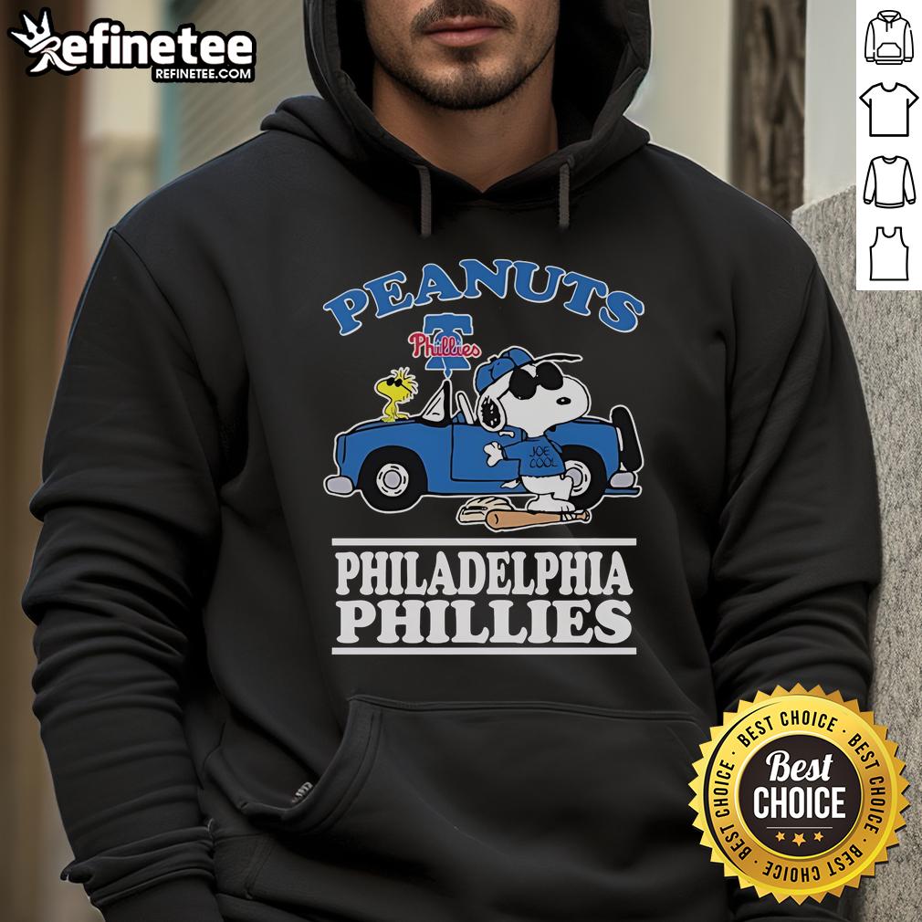 Alt Text: Snoopy and Woodstock in Philadelphia Phillies Joe Cool hoodie, perfect for Peanuts fans and baseball enthusiasts.