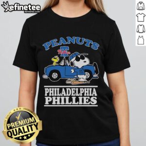 Alt Text: Ladies tee featuring Snoopy and Woodstock in Philadelphia Phillies gear, perfect for Peanuts fans and Joe Cool style.