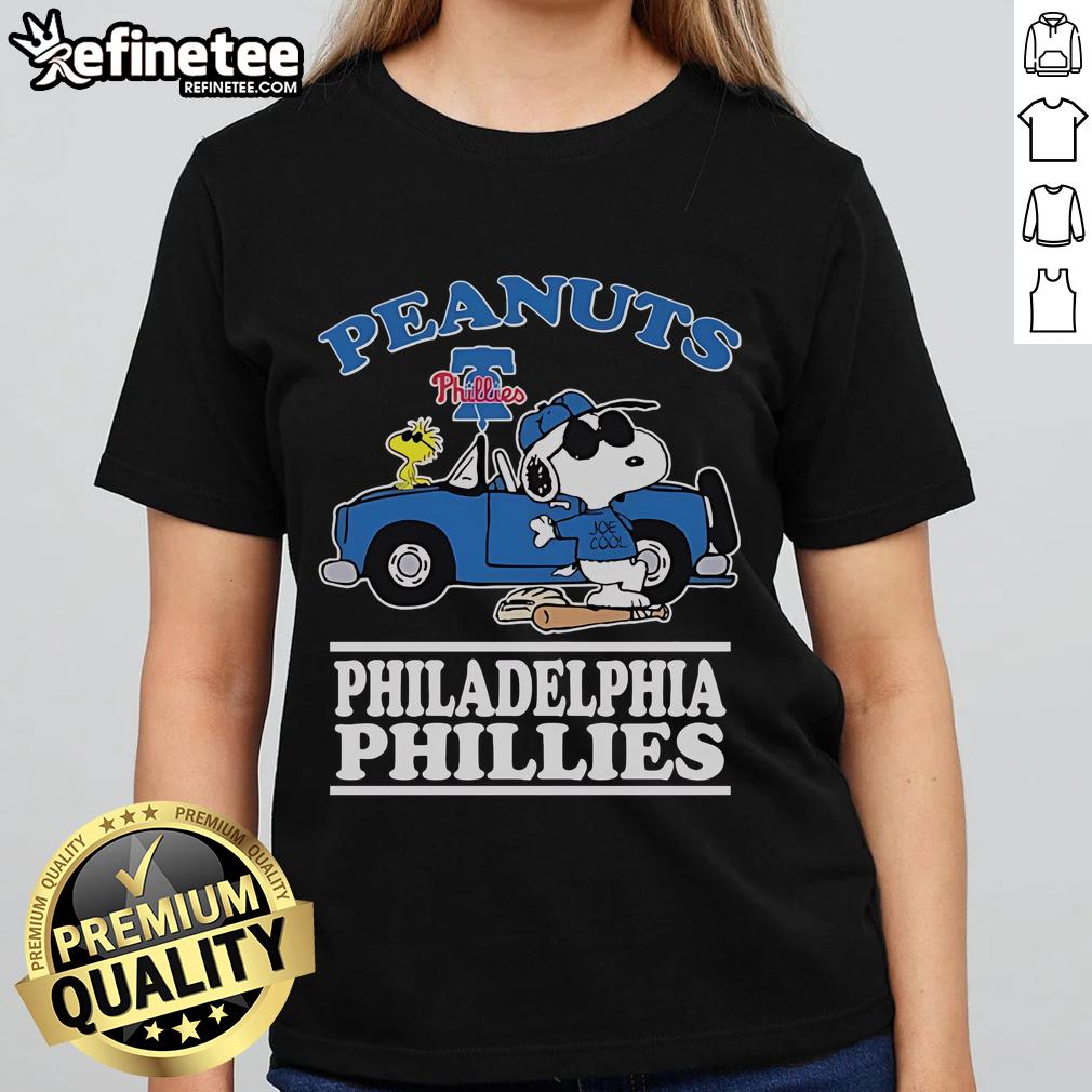 Alt Text: Ladies tee featuring Snoopy and Woodstock in Philadelphia Phillies gear, perfect for Peanuts fans and Joe Cool style.