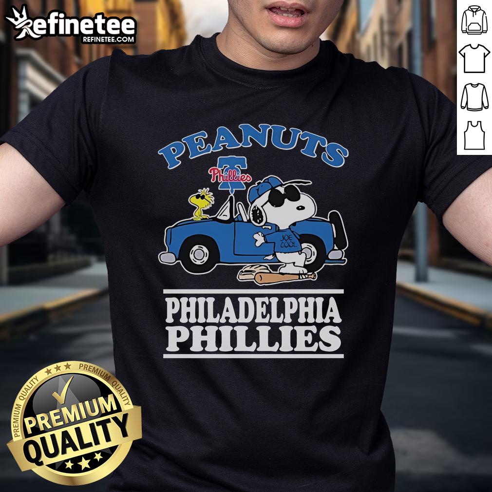 Alt Text: Nice Snoopy and Woodstock Peanuts Joe Cool T-Shirt featuring Philadelphia Phillies logo, perfect for fans.