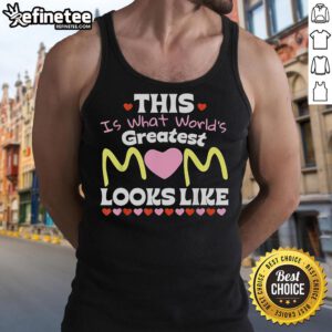 Mom wearing 'World's Greatest Mom' tank top, celebrating Mother's Day with a smile and joy.