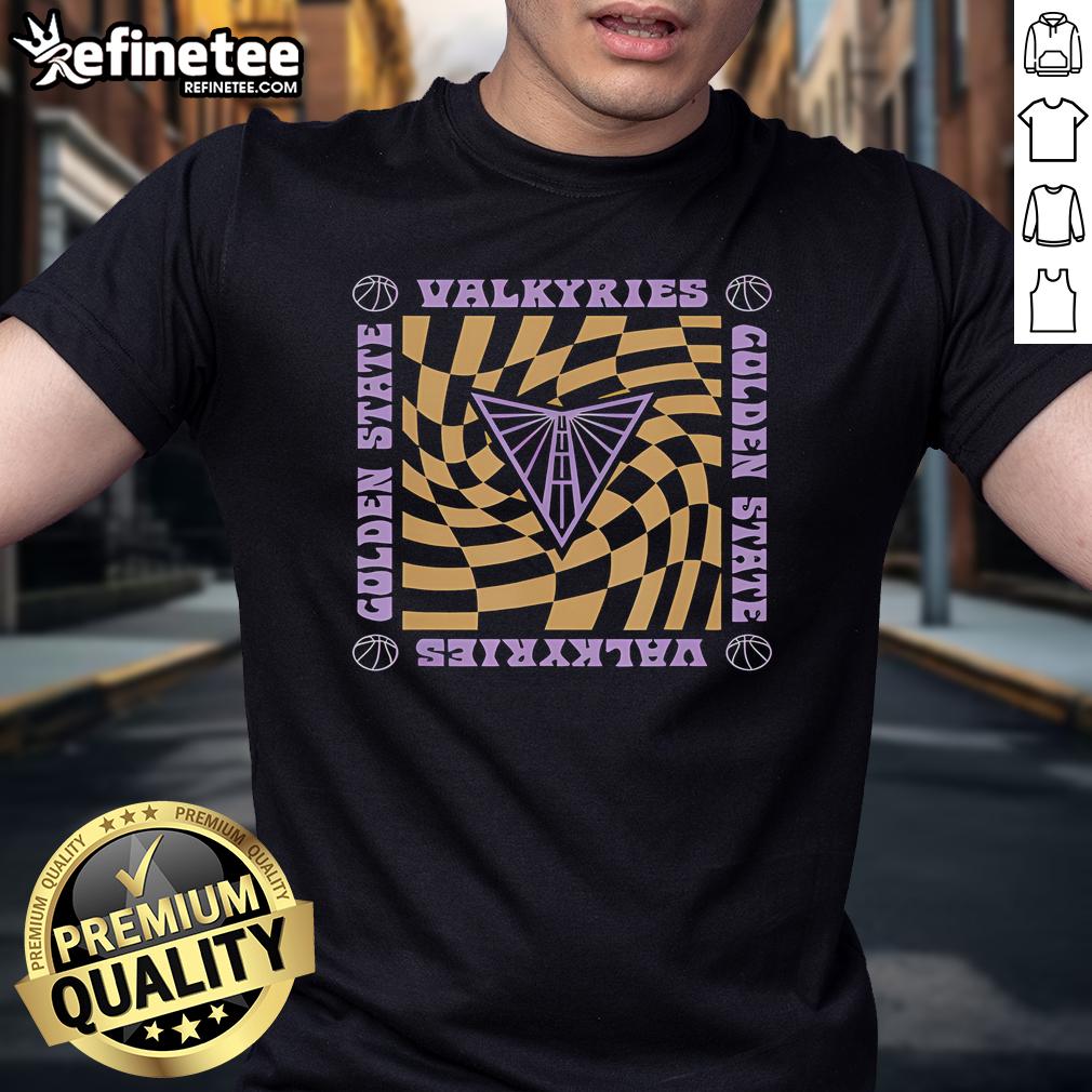 Alt Text: Retro Golden State Valkyries WNBA t-shirt featuring a wavy checkerboard design in vibrant colors.