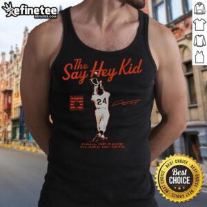 Willie Mays 'Say Hey Kid' Hall of Fame Class of 1979 tank top featuring vintage baseball design and vibrant colors.