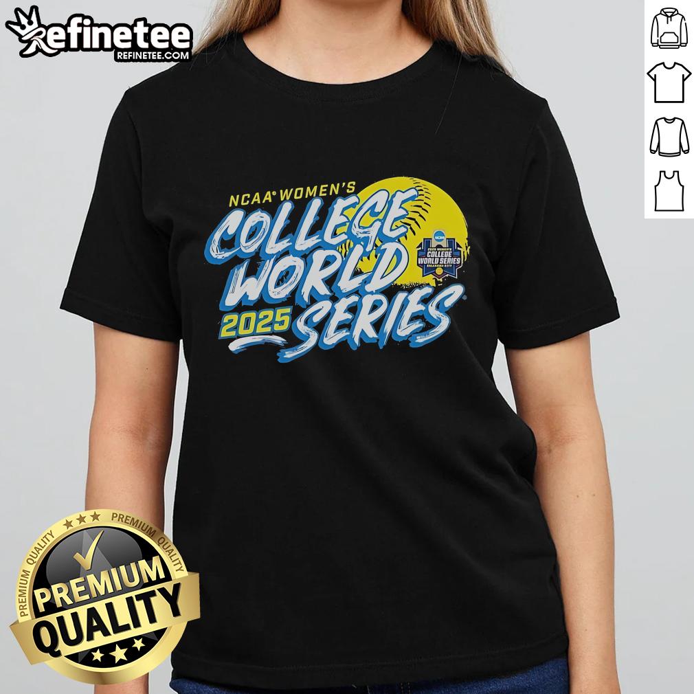 Official 2025 NCAA Softball Women's College World Series ladies tee showcasing vibrant team colors and logo design.
