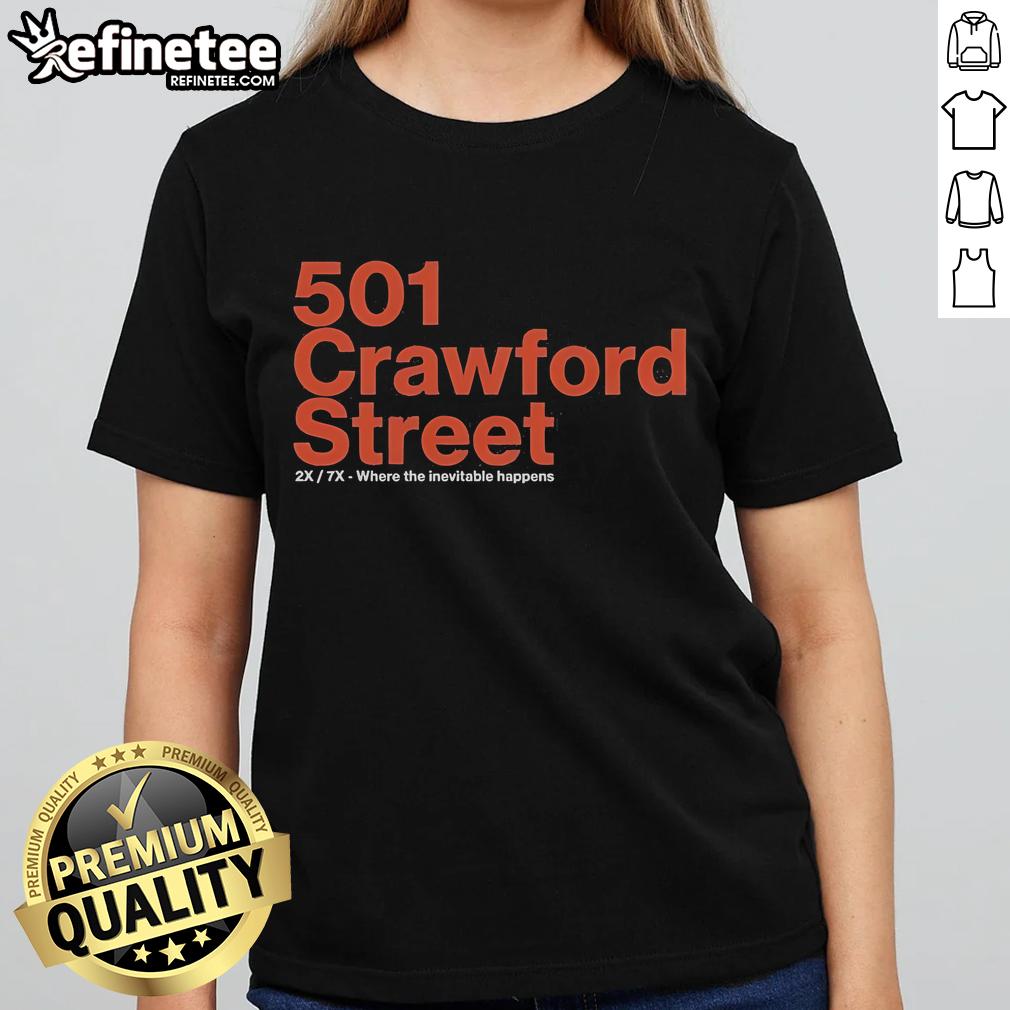 Official 501 Crawford Street Ladies Tee featuring 'Where The Inevitable Happens' design in stylish graphic print.