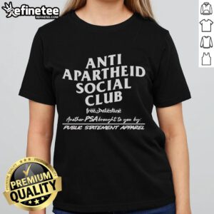 Official Anti-Apartheid Social Club Free Palestine ladies' tee featuring bold graphic design promoting social justice.