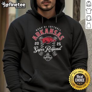 Official Arkansas Razorbacks NCAA DI Softball Super Regional Championship 2025 hoodie in red, featuring team logo.