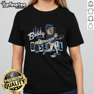 Official Bobby Baseball caricature on a stylish ladies tee, perfect for fans of fun baseball-themed apparel.