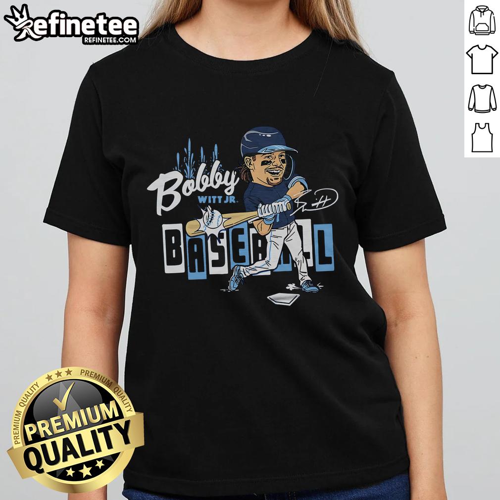 Official Bobby Baseball caricature on a stylish ladies tee, perfect for fans of fun baseball-themed apparel.