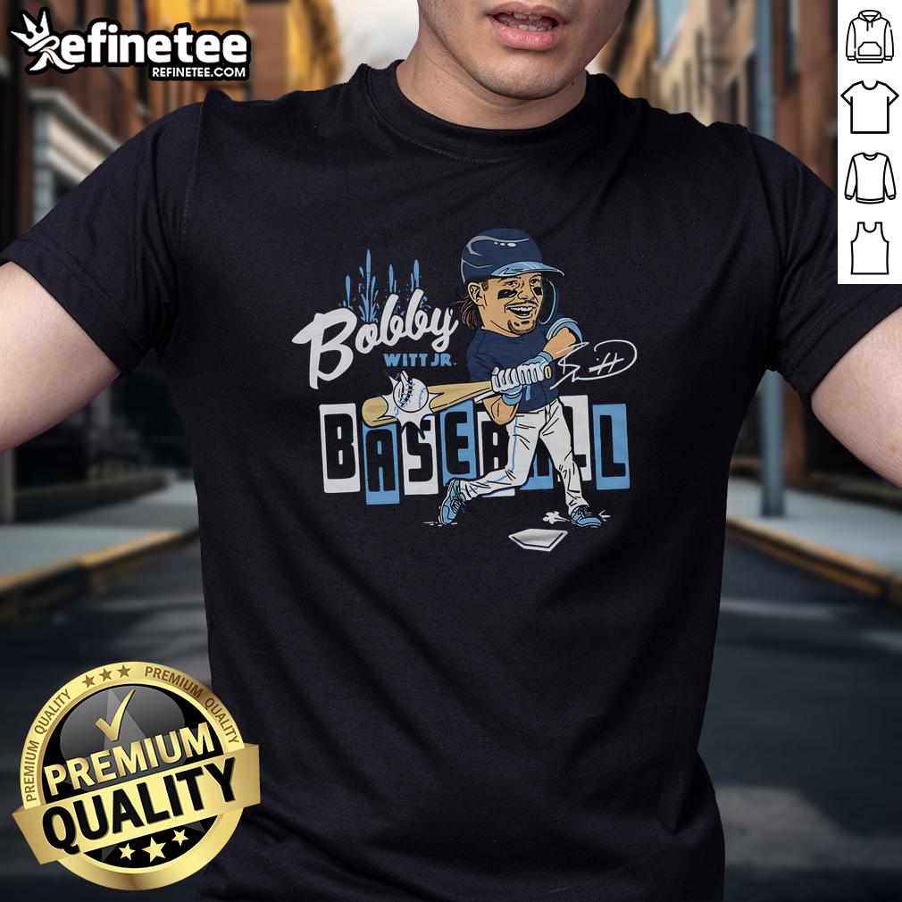 Alt Text: Official Bobby Baseball Caricature T-Shirt featuring a colorful cartoon design of a baseball player for fans.