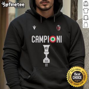 Bologna FC 1909 hoodie celebrating Coppa Italia Champions 2025, featuring bold graphics and team colors.