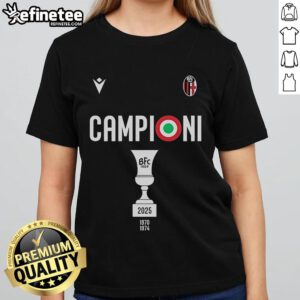 Official Bologna FC 1909 W3ar3on3 Campioni Coppa Italia Champions 2025 Ladies Tee celebrating victory.