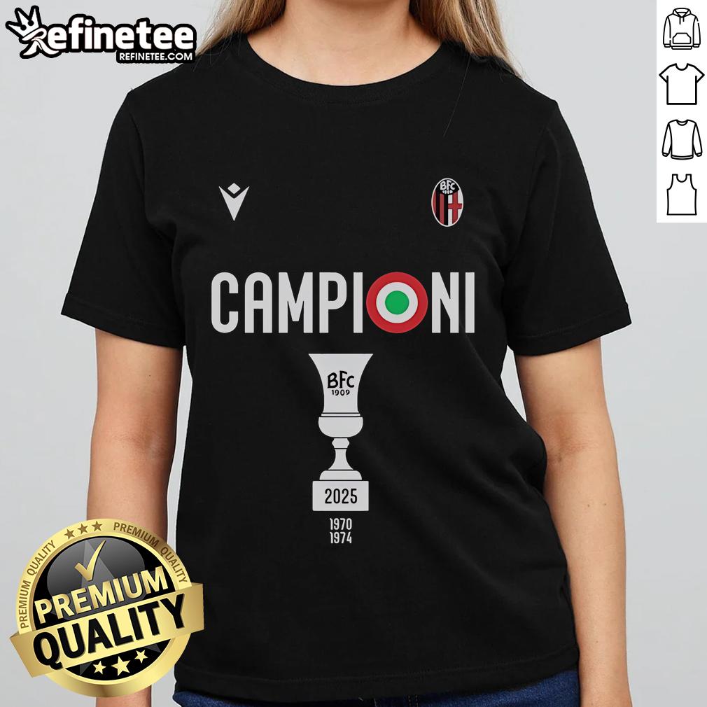 Official Bologna FC 1909 W3ar3on3 Campioni Coppa Italia Champions 2025 Ladies Tee celebrating victory.