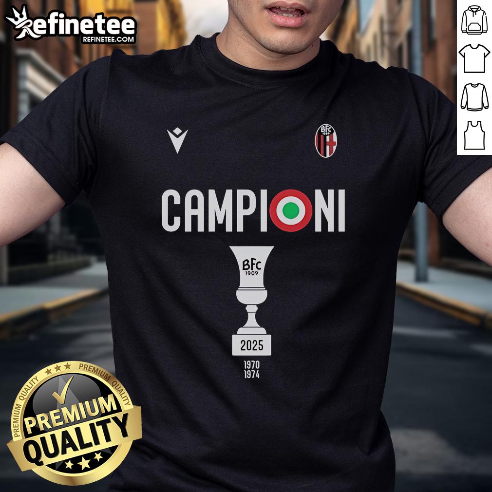 Official Bologna FC 1909 W3Ar3On3 Campioni Coppa Italia Champions 2025 T-shirt celebrating the team's victory.