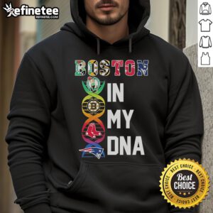 Official Boston Red Sox, Bruins, Celtics, Patriots hoodie featuring 'Boston In My DNA' design in team colors.