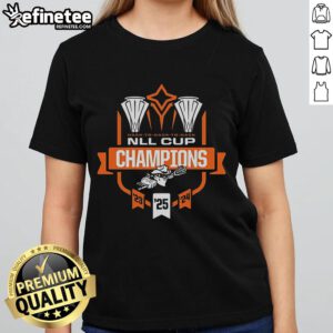 Official Buffalo Bandits 2025 NLL Cup Champions ladies tee showcasing team pride and championship celebration.