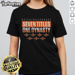 Official Buffalo Bandits Lacrosse Ladies Tee celebrating seven titles and one dynasty with bold team graphics.