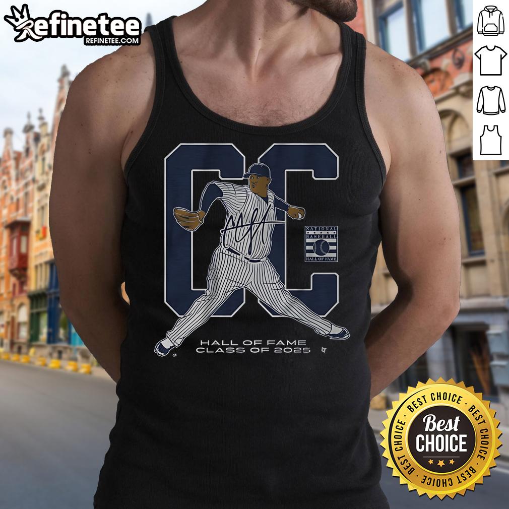 Alt Text: Official CC Sabathia Hall Of Fame Inductee Class of 2025 tank top showcasing sports memorabilia and fan apparel.