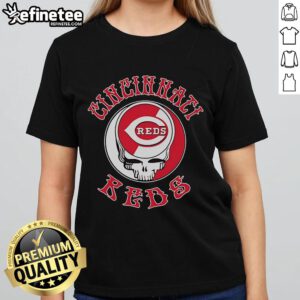 Alt Text: Official Cincinnati Reds Grateful Dead Skull Ladies Tee featuring vibrant graphics and a stylish design for fans.