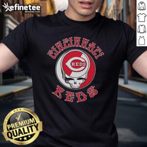 Alt Text: Official Cincinnati Reds Grateful Dead Skull T-Shirt featuring a vibrant graphic of the iconic skull design.