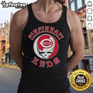 Alt Text: Official Cincinnati Reds Grateful Dead Skull Tank Top featuring a vibrant skull design and team colors. Perfect for fans!