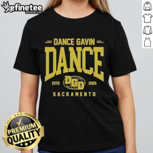 Alt Text: Official Dance Gavin Dance globe logo on a stylish ladies tee, perfect for fans of the band and casual wear.
