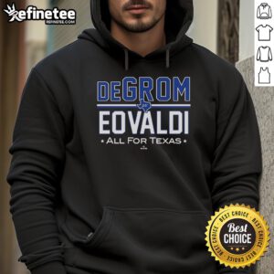 Official DeGrom Eovaldi All For Texas MLBPA hoodie featuring team colors and logos, perfect for MLB fans.