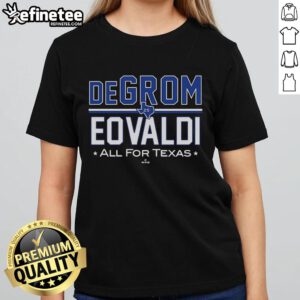 Official Degrom Eovaldi All For Texas MLBPA Ladies Tee showcasing team spirit and style for female baseball fans.