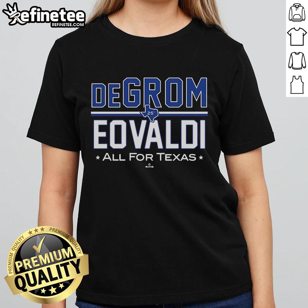 Official Degrom Eovaldi All For Texas MLBPA Ladies Tee showcasing team spirit and style for female baseball fans.