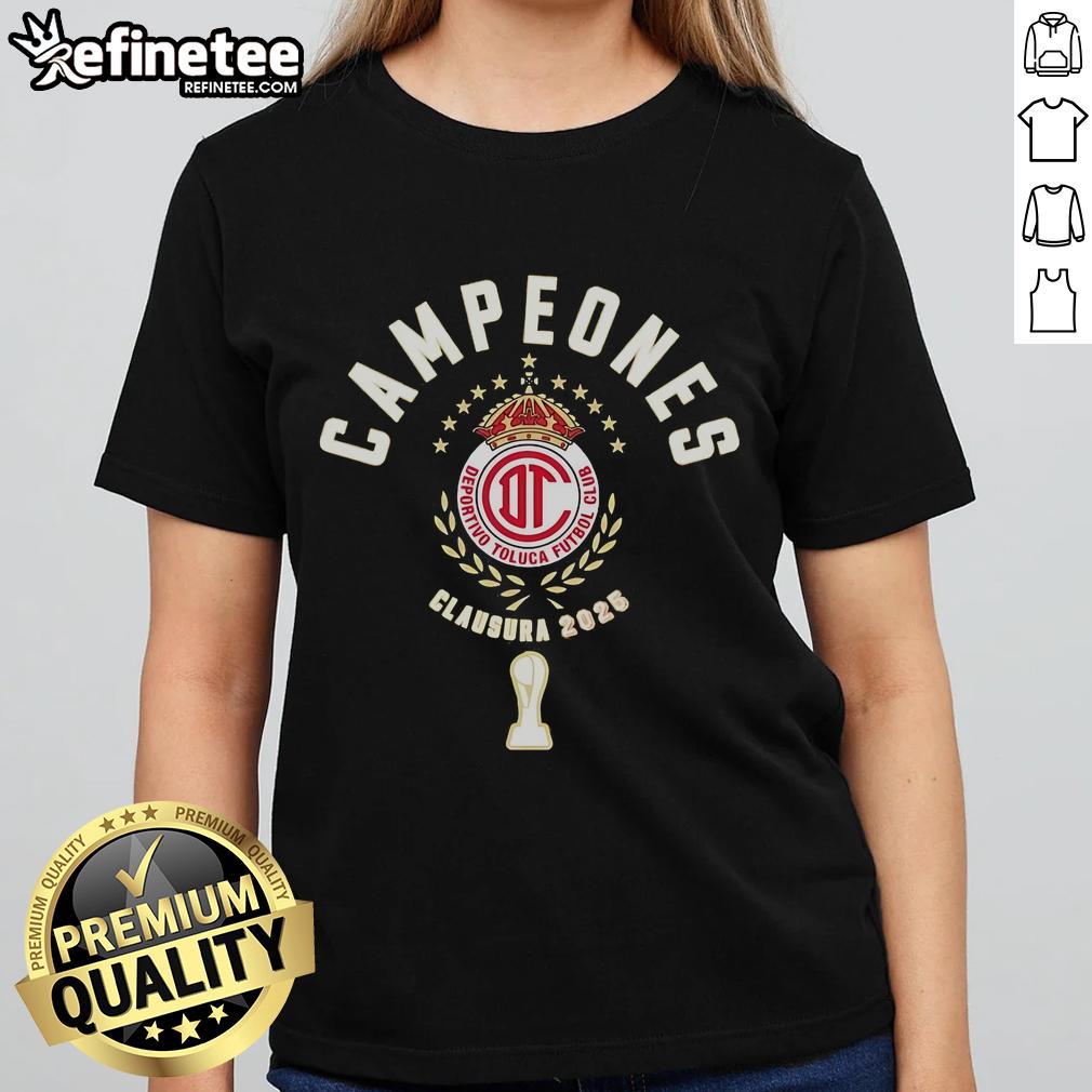 Official Deportivo Toluca FC Campeones Clausura 2025 ladies tee, featuring vibrant team colors and logo design.