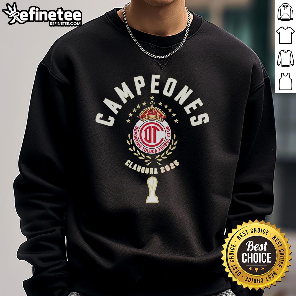 Alt Text: Official Deportivo Toluca FC Campeones Clausura 2025 sweatshirt featuring team logo and vibrant colors.